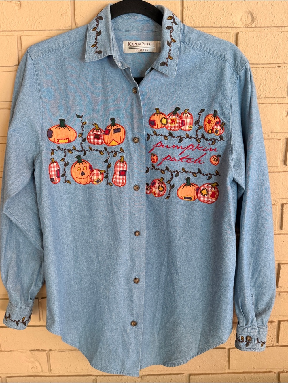 VTG Karen Scott Embroidered Halloween Button Denim Shirt Pumpkins Fall Autumn S